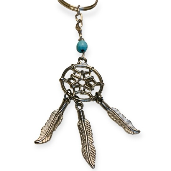 Dream Catcher Key Chain Silver Tone Simulated Turquoise Dangle Feathers VTG 70’s - Picture 3 of 12